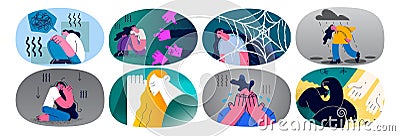 Set of sad woman crying suffering from depression Vector Illustration