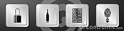 Set Safe combination lock, Bullet, Server, Data, Web Hosting and Car key with remote icon. Silver square button. Vector Vector Illustration