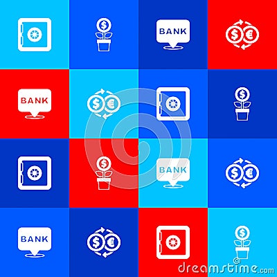 Set Safe, Dollar plant, Bank building and Money exchange icon. Vector Vector Illustration