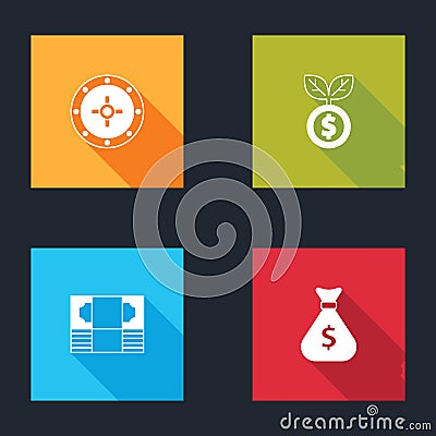 Set Safe, Dollar plant, Stacks paper money cash and Money bag icon. Vector Vector Illustration