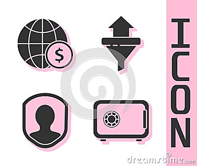 Set Safe, Earth globe with dollar, User protection and Sales funnel with arrows icon. Vector Vector Illustration