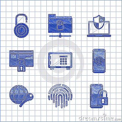 Set Safe, Fingerprint, Smartphone with closed padlock, fingerprint scanner, Globe key, Secure your site HTTPS, SSL Vector Illustration