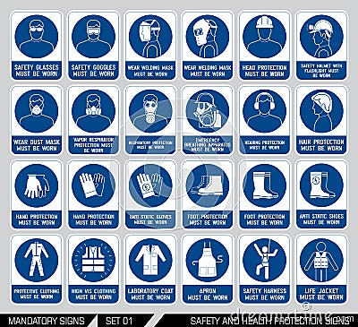 Set of safety and health protection signs. Vector Illustration