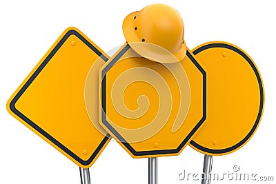 Set of safety helmet or hard hat on road traffic signs on pole on white. Stock Photo