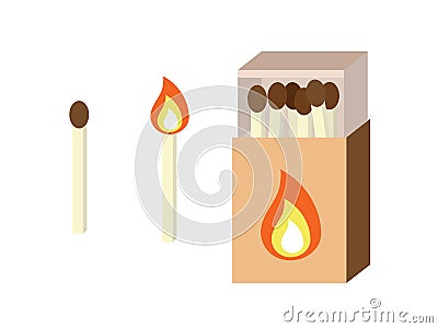 Set of safety matches illustrations. Full box of matches, burning and new one. Flame and fire. Flat style design Vector Illustration