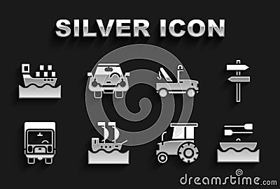 Set Sailboat, Road traffic signpost, Boat with oars, Tractor, Delivery cargo truck, Tow, Cargo ship boxes and icon Vector Illustration