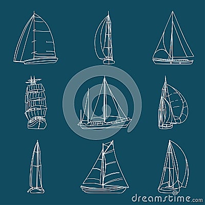 Set of 9 sailboats on white. Vector Illustration