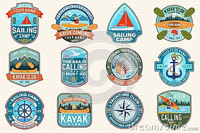 Set of sailing camp, canoe and kayak club patches. Vector. Concept for shirt, print, stamp. Design with sea anchors Vector Illustration