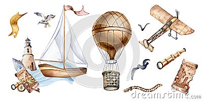 Set of sailing ship, hot air balloon, adventure items watercolor illustration isolated on white. Spyglass, airplane Cartoon Illustration