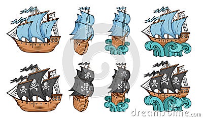 Set of sailing ships and sailboat. Commercial sailboats isolated on white background. Pirating sailboat ship with black sails. Vector Illustration