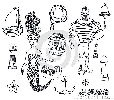 Set with sailor, lighthouse, mermaid, ship and Vector Illustration