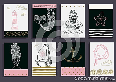 set with sailor, lighthouse, mermaid, ship and other. Vector Illustration