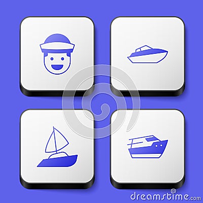 Set Sailor, Speedboat, Yacht sailboat and icon. White square button. Vector Vector Illustration