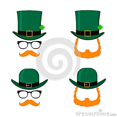 Vector set of Saint Patrick`s Day character leprechaun with green hat, red beard and no face. Design elements for St Vector Illustration