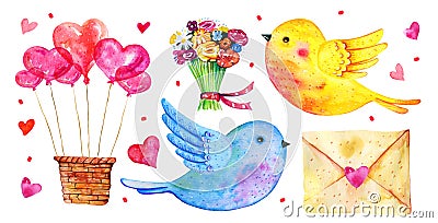 Set of Saint Valentines day illustration elements. Heart shape air balloons. Pair of birds Cartoon Illustration