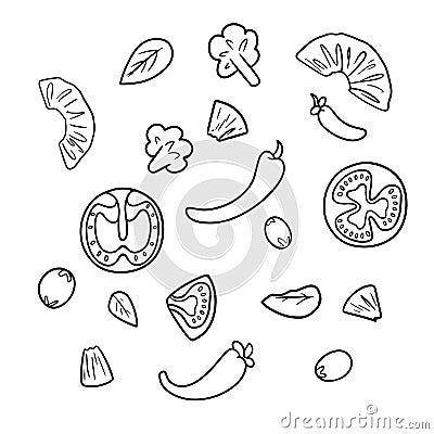 set of salad ingredients, pineapple slices, tomato and pepper, broccoli and olives, vector cartoon Vector Illustration