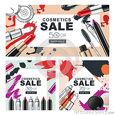 Set of sale banners with makeup cosmetics and watercolor stains. Vector Illustration