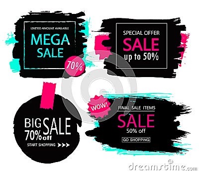 Set of sale, discount stickers and banners. Hand drawn grunge brush strokes and splatters. Backgrounds for text. Stock Photo