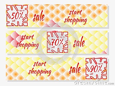 Set of Sale horizontal banners design templates with national oriental pattern, multicolored fish scale koi carp. Vector Illustration