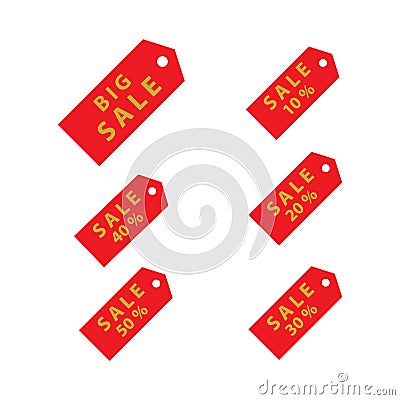 Set of sale tags gold alphabet on red background. Vector labels for design banners and flyers. Vector Illustration