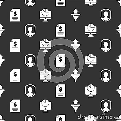 Set Sales funnel with arrows, User protection, Contract money and Computer monitor with graph chart on seamless pattern Vector Illustration