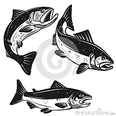 Set of salmon fish icons isolated on white background. Design element for poster, logo, label, emblem, sign, t shirt. Vector Illustration