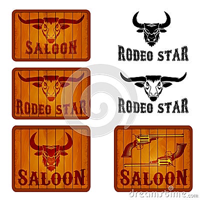 Set of saloon and rodeo emblems templates with bull heads. Vector Illustration