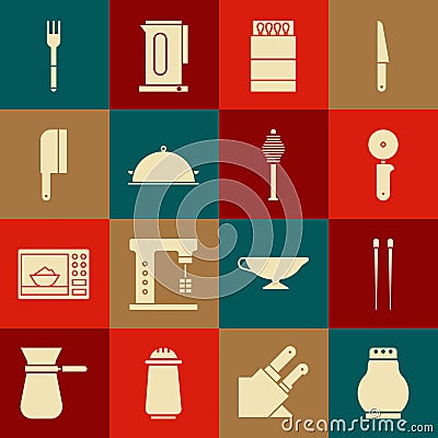 Set Salt and pepper, Food chopsticks, Pizza knife, Open matchbox matches, Covered with tray of food, Meat chopper, Fork Vector Illustration