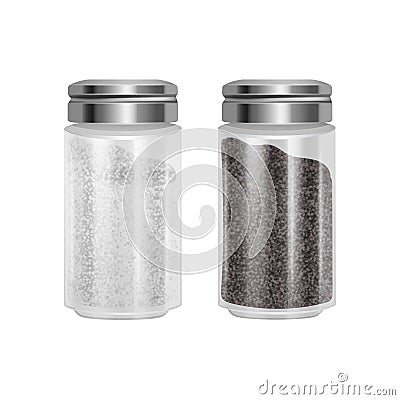 Set of Salt and pepper. Pair of transparent glass shaker with metal cap. Realistic Vector illustration isolated on white Vector Illustration