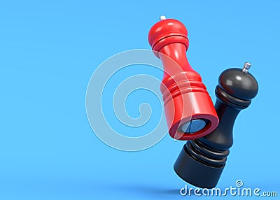 Set of salt or pepper wooden mill filled with peppercorns on blue background. Stock Photo