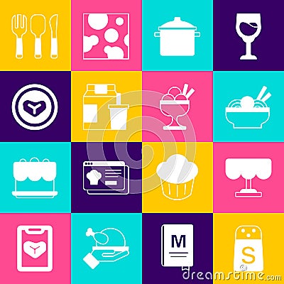 Set Salt, Wooden table, Asian noodles in bowl, Cooking pot, Online ordering and delivery, Steak meat on plate, Fork Vector Illustration