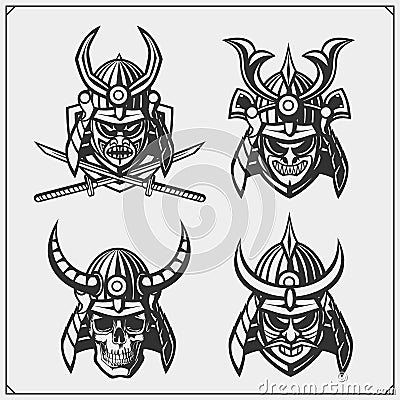 Set of samurai warrior masks. Japanese warrior emblems, labels, badges and design elements. Print design fo Vector Illustration