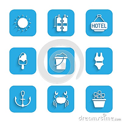 Set Sand in bucket, Crab, Ice, Swimsuit, Anchor, cream, Signboard with text Hotel and Sun icon. Vector Vector Illustration