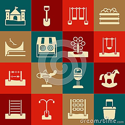 Set Sand in bucket, Horse saddle swing, Swing, Double, Shooting gallery, Skate park, castle and Ferris wheel icon Stock Photo