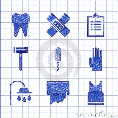 Set Sanitary tampon, Paper towel dispenser wall, Sleeveless T-shirt, Rubber gloves, Shower head, Shaving razor Stock Photo
