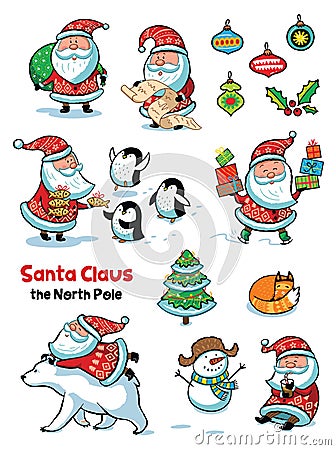 Set of Santa Claus with animals. Vector illustration in cartoon style. Vector Illustration