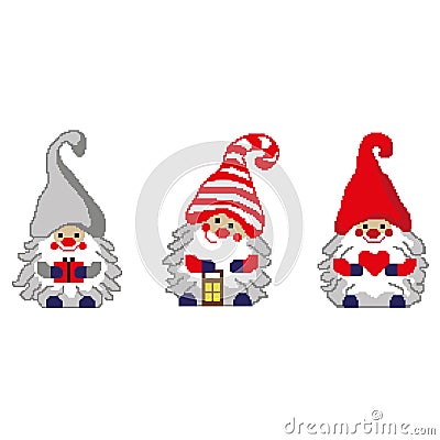 A set of Santa`s dwarfs with different objects, with an accordion, a lantern and a heart painted in squares, pixels. Happy new yea Stock Photo