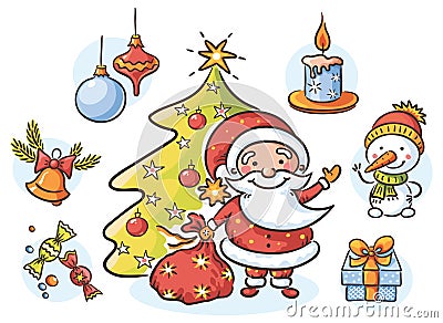 Set with Santa, snowman, candle, present, Christmas tree and ornaments Vector Illustration