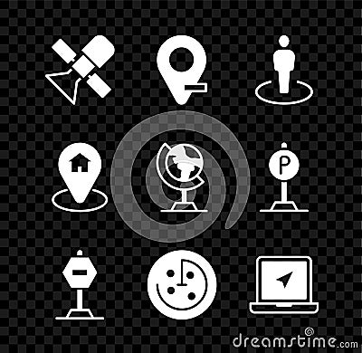 Set Satellite, Location, with person, Stop sign, Radar targets monitor, Laptop location marker, house and Earth globe Vector Illustration