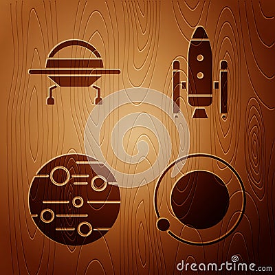 Set Satellites orbiting the planet Earth, UFO flying spaceship, Planet Mars and Space shuttle and rockets on wooden Vector Illustration