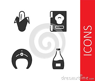 Set Sauce bottle, Corn, Fish steak and Cookbook icon. Vector Vector Illustration