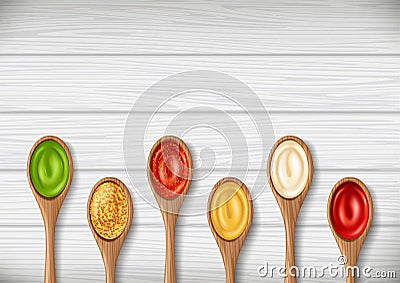 Set of sauces, ketchup, wasabi, mayonnaise in wooden spoons on background of boards. Vector Illustration