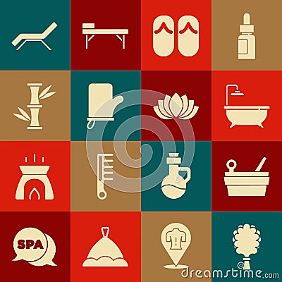 Set Sauna broom, bucket and ladle, Bathtub, Flip flops, mittens, Bamboo, Sunbed umbrella and Lotus flower icon. Vector Vector Illustration