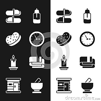 Set Sauna clock, Bath sponge, slippers, Essential oil bottle, Aroma candle, Towel stack, Mortar pestle and wooden Vector Illustration