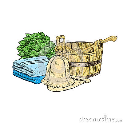 Set for sauna. Hand drawn vector items for bath. Vector Illustration