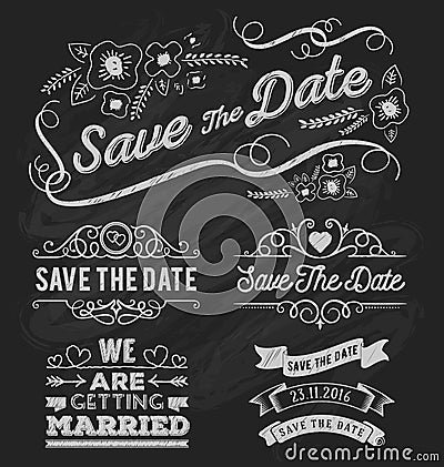 Set of save the date typography, frame and ribbon chalk style. Vector Illustration