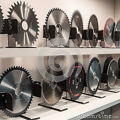 A set of saw blades arranged in different sizes on a shel created with generative AI Stock Photo