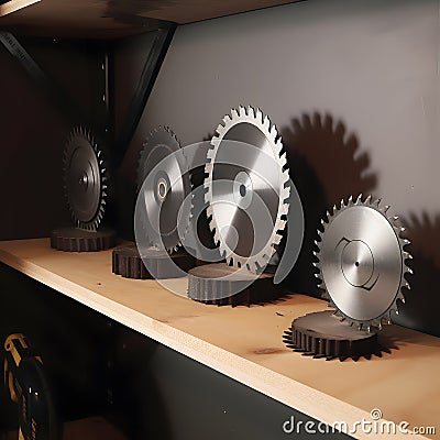 A set of saw blades arranged in different sizes on a shel one created with generative AI Stock Photo