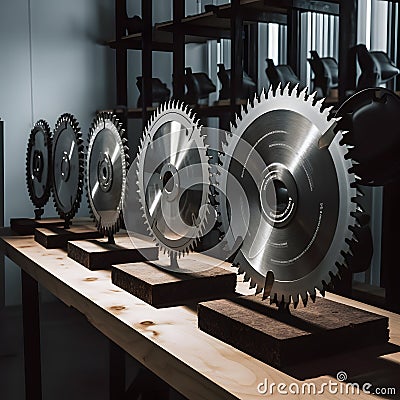 A set of saw blades arranged in different sizes on a shel two created with generative AI Stock Photo