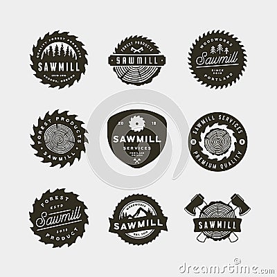 Set of sawmill logos. retro styled woodwork emblems. vector illustration Vector Illustration